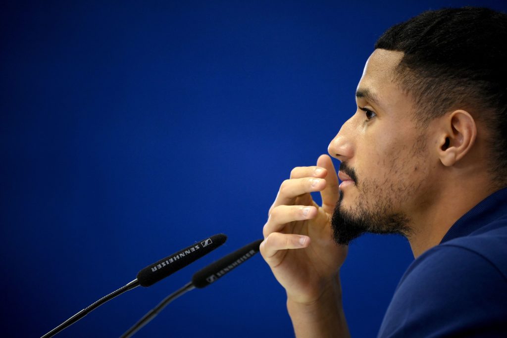 France's defender William Saliba attends a press conference at the Jassim-bin-Hamad Stadium in Doha on December 2, 2022, during the Qatar 2022 World Cup football tournament. (Photo by FRANCK FIFE/AFP via Getty Images)