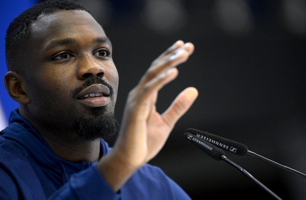 France's forward Marcus Thuram gestures during a press conference at the Jassim-bin-Hamad Stadium in Doha on November 24, 2022, during the Qatar 2022 World Cup football tournament. (Photo by FRANCK FIFE/AFP via Getty Images)