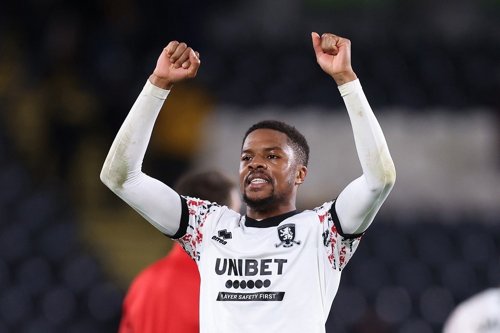 HULL, ENGLAND: Chuba Akpom of Middlesbrough celebrates after victory in the Sky Bet Championship match between Hull City and Middlesbrough at MKM Stadium on November 01, 2022. (Photo by George Wood/Getty Images)