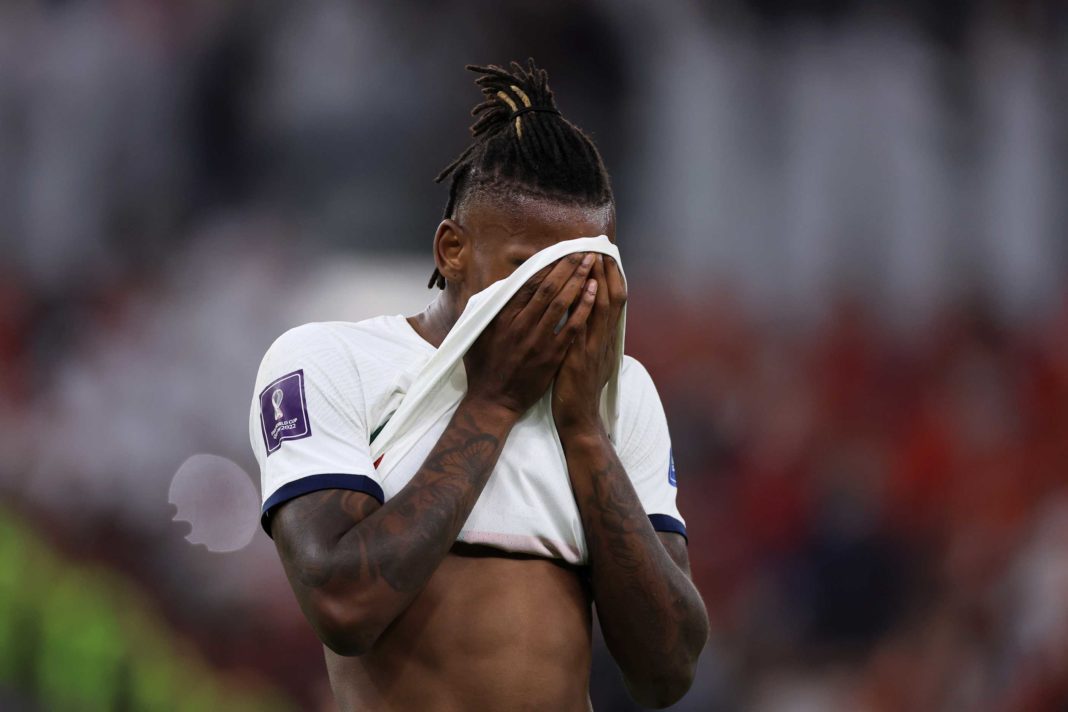 DOHA, QATAR - DECEMBER 10: Rafael Leao of Portugal looks dejected after their sides' elimination from the tournament during the FIFA World Cup Qatar 2022 quarter final match between Morocco and Portugal at Al Thumama Stadium on December 10, 2022 in Doha, Qatar. (Photo by Buda Mendes/Getty Images)