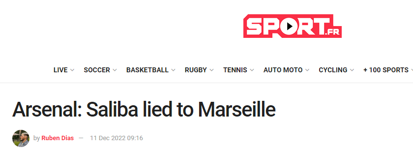 Sport.fr headline - Arsenal: Saliba lied to Marseille