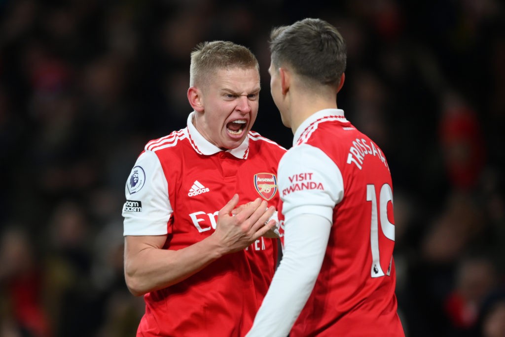LONDON, ENGLAND - JANUARY 22: Oleksandr Zinchenko celebrates with Leandro Trossard of Arsenal after their sides third goal during the Premier League match between Arsenal FC and Manchester United at Emirates Stadium on January 22, 2023 in London, England. (Photo by Shaun Botterill/Getty Images)