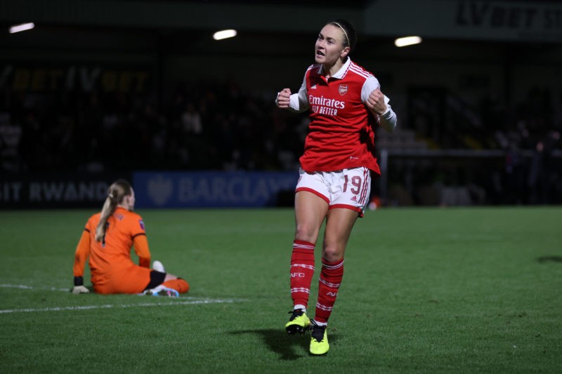 BOREHAMWOOD, ENGLAND - JANUARY 26: Caitlin Foord of Arsenal celebrates after scoring the team's third goal during the FA Women's Continental Tyres League Cup Quarter Finals match between Arsenal and Aston Villa at Meadow Park on January 26, 2023 in Borehamwood, England. (Photo by Catherine Ivill/Getty Images)