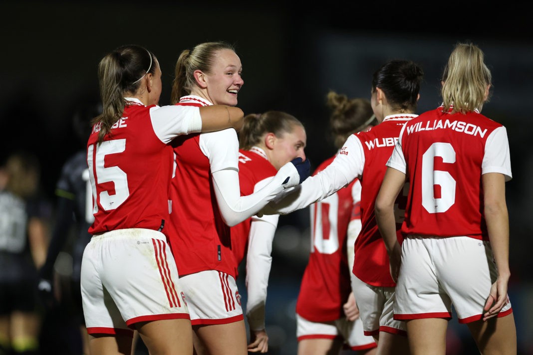 BOREHAMWOOD, ENGLAND - JANUARY 26: Frida Maanum of Arsenal (2L) celebrates with teammates Leah Williamson and Katie McCabe after scoring the team's second goal during the FA Women's Continental Tyres League Cup Quarter Finals match between Arsenal and Aston Villa at Meadow Park on January 26, 2023 in Borehamwood, England. (Photo by Catherine Ivill/Getty Images)
