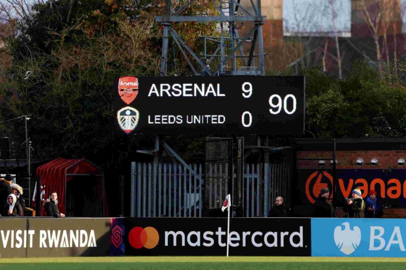 BOREHAMWOOD, ENGLAND - JANUARY 29: A detailed view of the LED board, which shows the final scoreline of Arsenal 9 - 0 Leeds United, after the Vitality Women's FA Cup Fourth Round match between Arsenal and Leeds United at Meadow Park on January 29, 2023 in Borehamwood, England. (Photo by Catherine Ivill/Getty Images)
