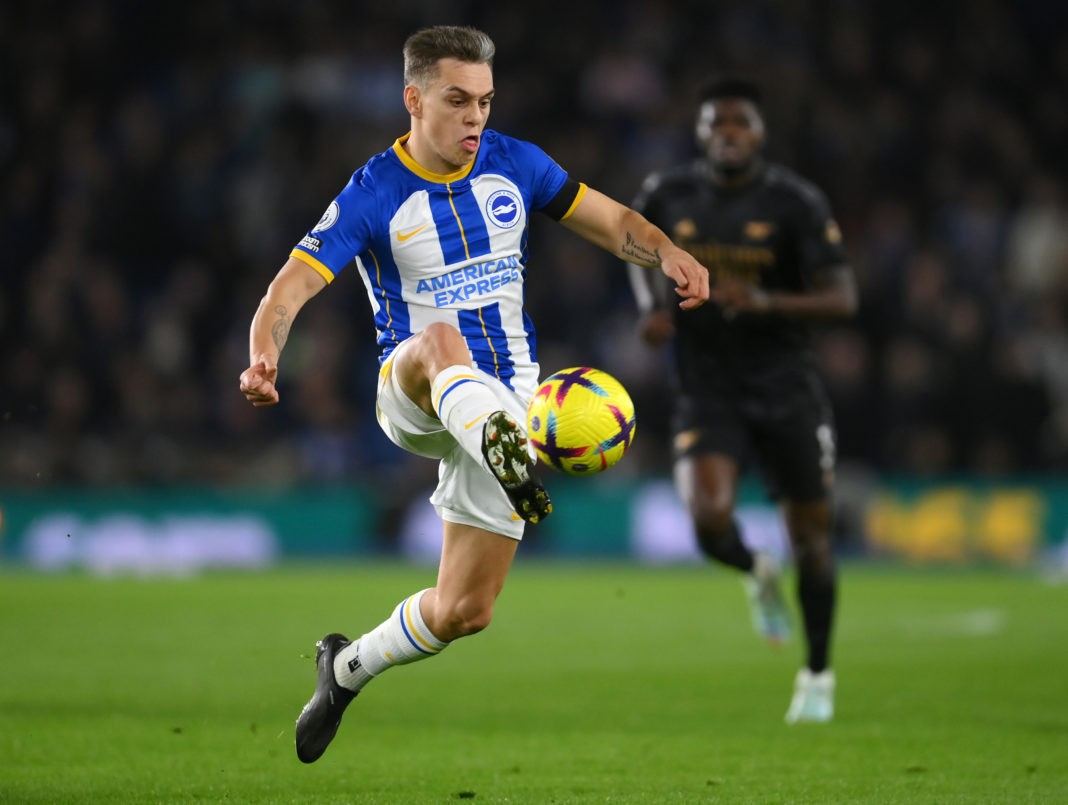 BRIGHTON, ENGLAND - DECEMBER 31: Leandro Trossard of Brighton & Hove Albion controls the ball during the Premier League match between Brighton & Hove Albion and Arsenal FC at American Express Community Stadium on December 31, 2022 in Brighton, England. (Photo by Mike Hewitt/Getty Images)