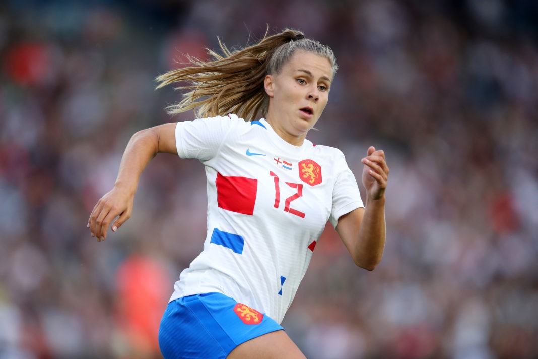 LEEDS, ENGLAND - JUNE 24: Victoria Pelova of Netherlands in action during the Women's International friendly match between England and Netherlands at Elland Road on June 24, 2022 in Leeds , United Kingdom. (Photo by George Wood/Getty Images)