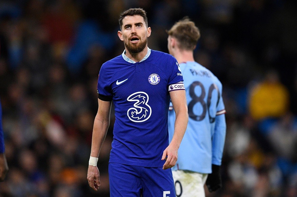 Chelsea's Italian midfielder Jorginho reacts during the English FA Cup third-round football match between Manchester City and Chelsea at the Etihad Stadium in Manchester, north-west England, on January 8, 2023. (Photo by OLI SCARFF/AFP via Getty Images)