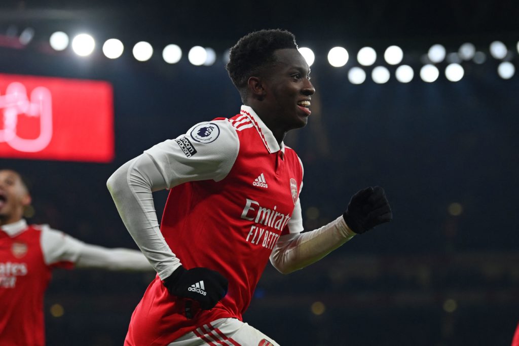 Arsenal's English striker Eddie Nketiah celebrates after scoring their third goal during the English Premier League football match between Arsenal and Manchester United at the Emirates Stadium in London on January 22, 2023.(Photo by GLYN KIRK/AFP via Getty Images)
