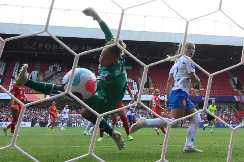 Netherlands' midfielder Victoria Pelova scores her team's fourth goal during the UEFA Women's Euro 2022 Group C football match between Switzerland and Netherlands at Bramall Lane in Sheffield, northern England on July 17, 2022. - No use as moving pictures or quasi-video streaming.  (Photo by FRANCK FIFE/AFP via Getty Images)