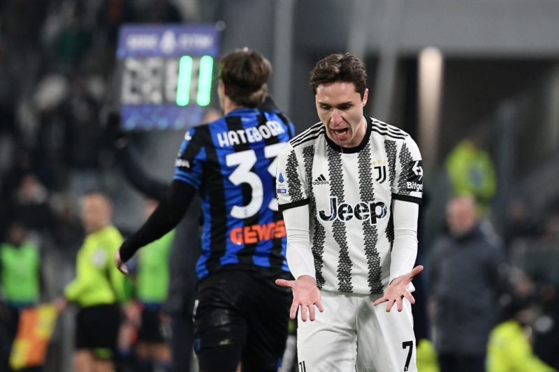 Juventus' Italian forward Federico Chiesa reacts  during the Italian Serie A football match between Juventus and Atalanta at the Juventus Stadium in Turin, on January 22, 2023. (Photo by Isabella BONOTTO / AFP) (Photo by ISABELLA BONOTTO/AFP via Getty Images)