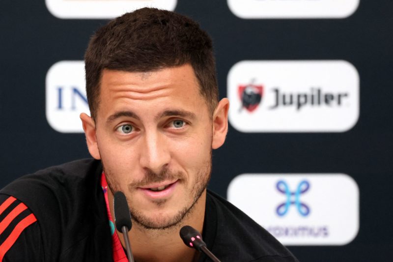 Belgium's forward #10 Eden Hazard attends a press conference at Salwa Beach, southwest of Doha on November 29, 2022, during the Qatar 2022 World Cup football tournament. (Photo by JACK GUEZ / AFP)