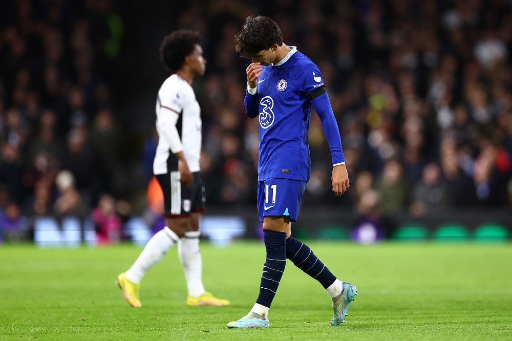 LONDON, ENGLAND: Joao Felix of Chelsea leaves the pitch after receiving a red card during the Premier League match between Fulham FC and Chelsea FC at Craven Cottage on January 12, 2023. (Photo by Clive Rose/Getty Images)