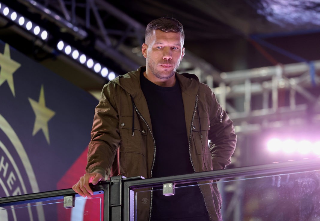 COLOGNE, GERMANY - OCTOBER 07: Former German national player Lukas Podolski seen on the TV platform prior to the international friendly match between Germany and Turkey at RheinEnergieStadion on October 07, 2020 in Cologne, Germany. (Photo by Lars Baron/Getty Images)