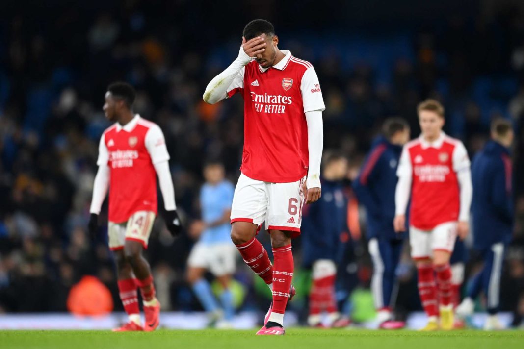 MANCHESTER, ENGLAND - JANUARY 27: Gabriel of Arsenal looks dejected after the Emirates FA Cup Fourth Round match between Manchester City and Arsenal at Etihad Stadium on January 27, 2023 in Manchester, England. (Photo by Michael Regan/Getty Images)