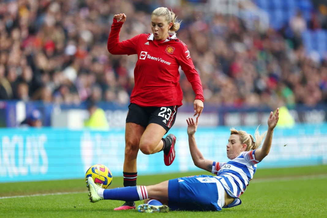READING, ENGLAND - JANUARY 22: Alessia Russo of Manchester United is tackled by Gemma Evans of Reading during the FA Women's Super League match between Reading and Manchester United at Select Car Leasing Stadium on January 22, 2023 in Reading, England. (Photo by Bryn Lennon/Getty Images)