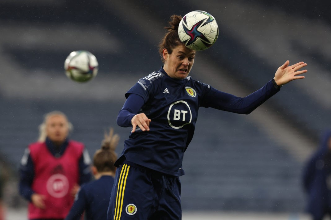 GLASGOW, SCOTLAND - APRIL 12: Jen Beattie of Scotland warms up prior to the FIFA Women's World Cup 2023 Qualifier group B match between Scotland and Spain at Hampden Park on April 12, 2022 in Glasgow, Scotland. (Photo by Ian MacNicol/Getty Images)