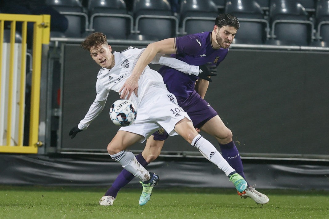 Eupen's Giannis Konstantelias and Anderlecht's Wesley Hoedt fight for the ball during a soccer game between KAS Eupen and RSC Anderlecht, Thursday 03 February 2022 in Eupen, the first in the semi final of the 'Croky Cup' Belgian soccer cup. (Photo by BRUNO FAHY/BELGA MAG/AFP via Getty Images)