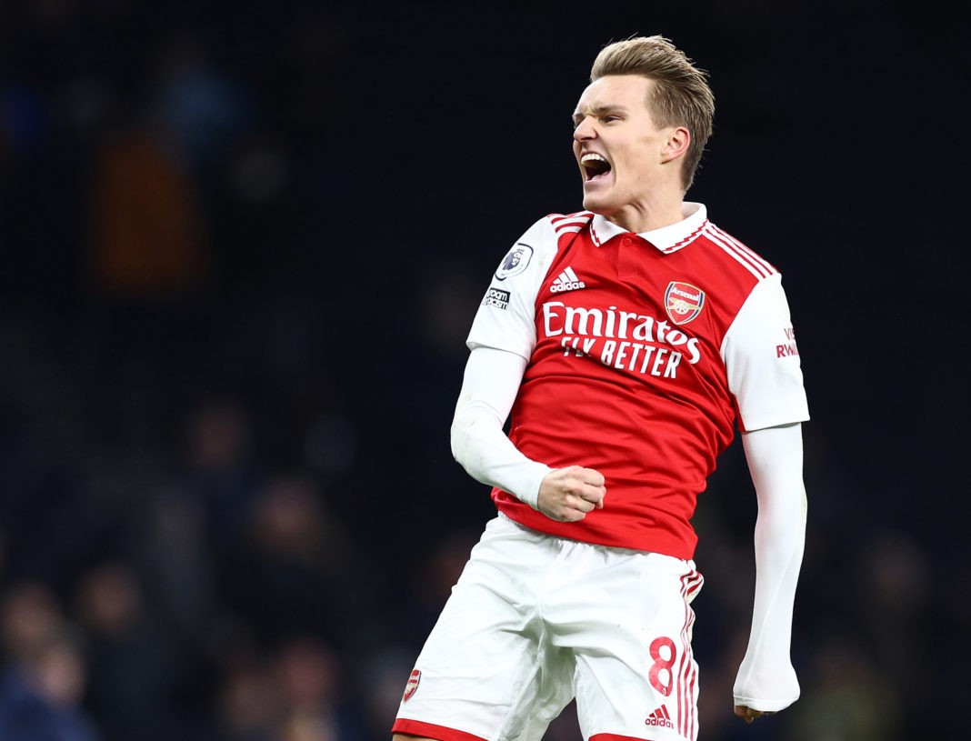 LONDON, ENGLAND: Martin Odegaard of Arsenal celebrates after the team's victory during the Premier League match between Tottenham Hotspur and Arsenal FC at Tottenham Hotspur Stadium on January 15, 2023. (Photo by Clive Rose/Getty Images)