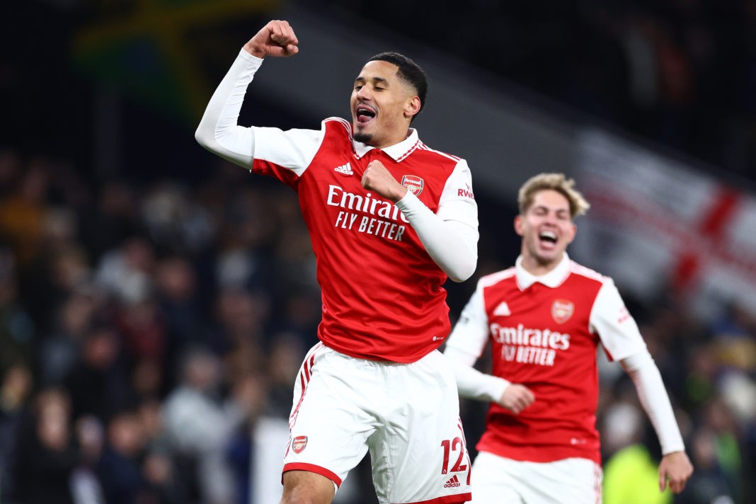 LONDON, ENGLAND: William Saliba of Arsenal celebrates after the team's victory during the Premier League match between Tottenham Hotspur and Arsenal FC at Tottenham Hotspur Stadium on January 15, 2023. (Photo by Clive Rose/Getty Images)