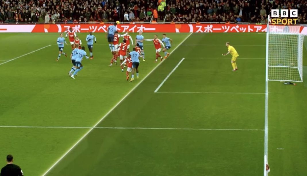 Christian Norgaard stands in an offside position in the build-up to Brentford's equaliser against Arsenal (Screenshot via BBC Sport)
