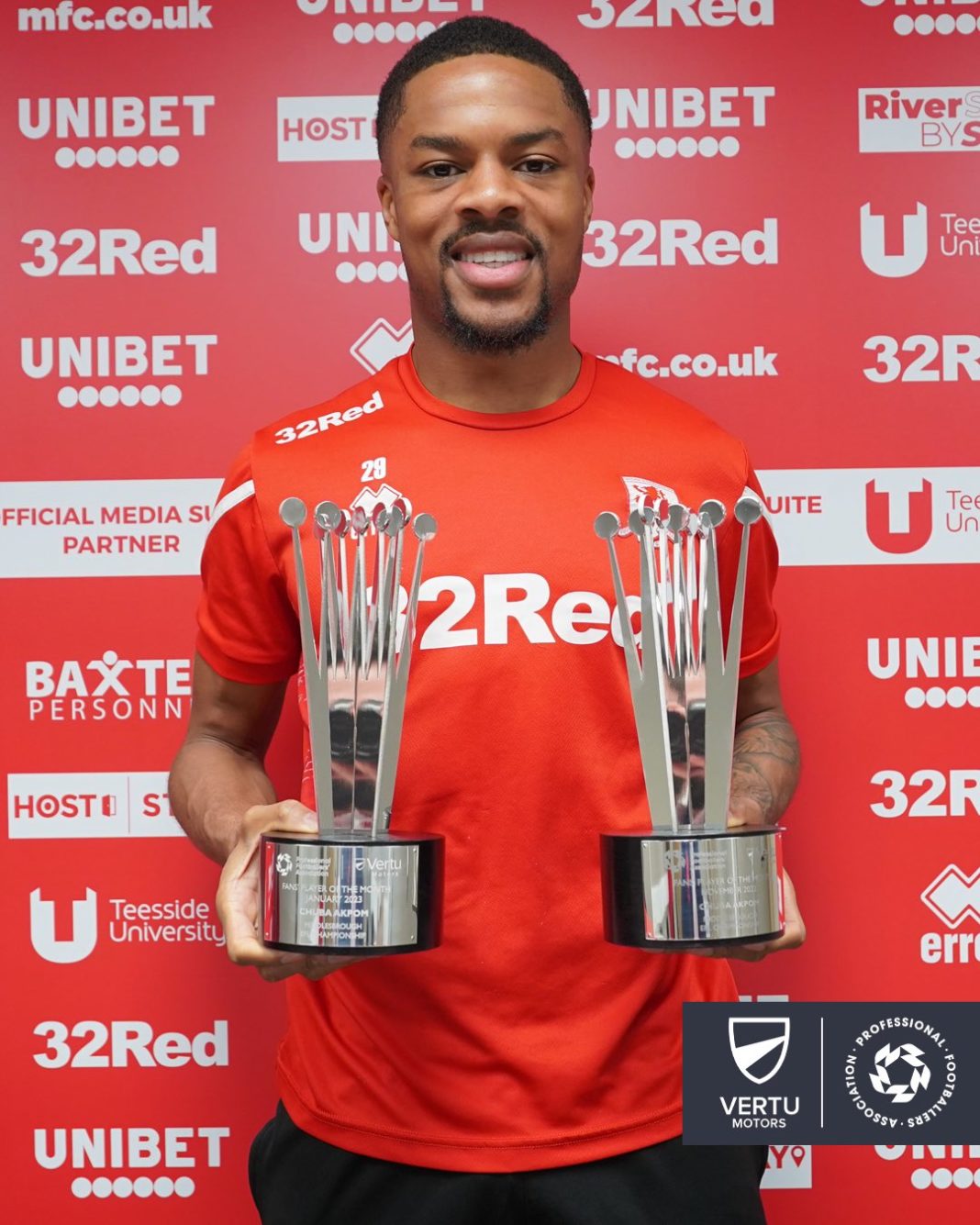 Chuba Akpom with his two PFA Championship Fans' Player of the Month awards for this season (Photo via the PFA on Twitter)
