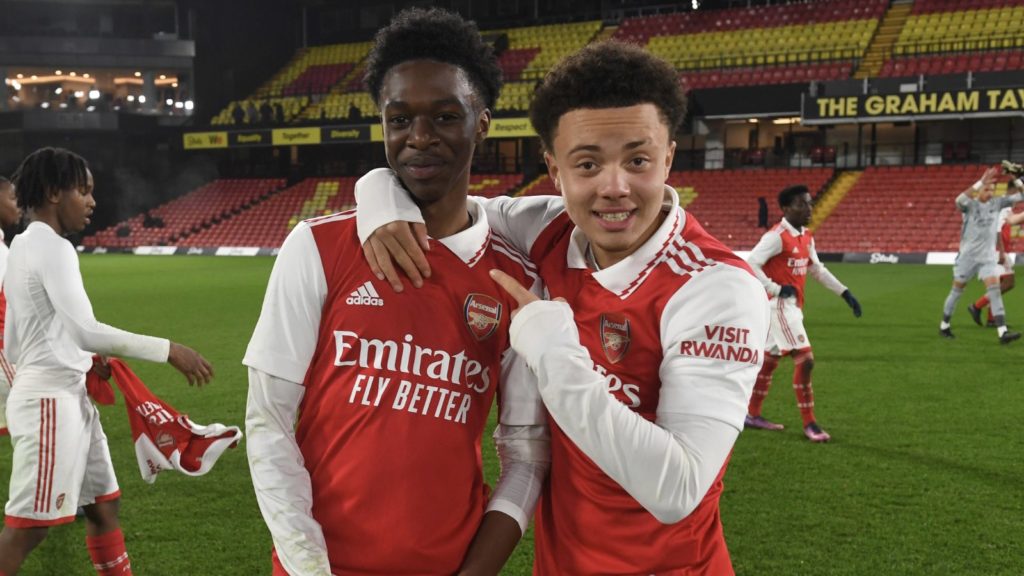 Osman Kamara and Seb Ferdinand celebrating a win for the Arsenal u18s (Photo via Arsenal Academy on Twitter)