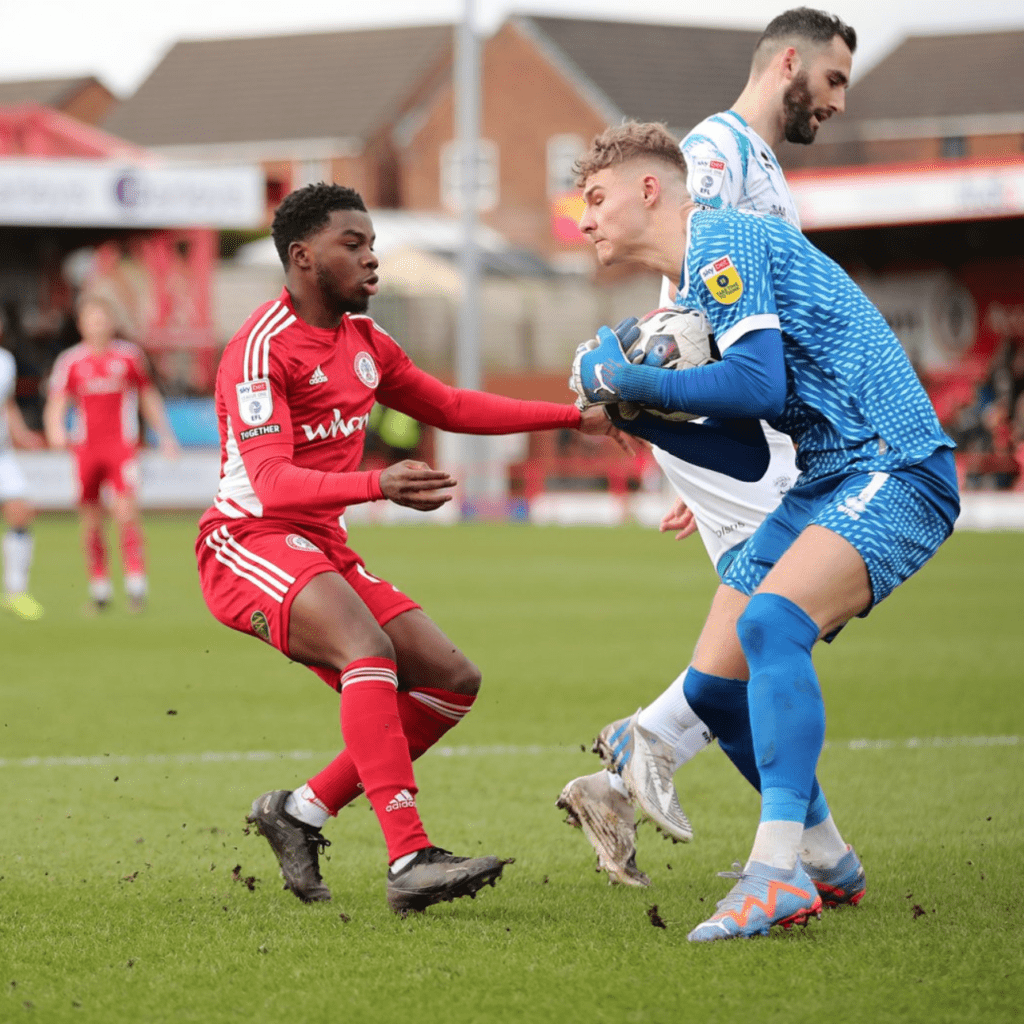 Nathan Butler-Oyedeji competes for the ball for Accrington Stanley (Photo via Accrington Stanley on Twitter)