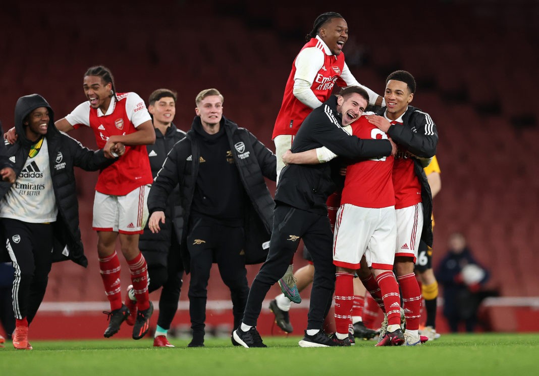 LONDON, ENGLAND - FEBRUARY 23: Arsenal celebrate at full time after their win in the FA Youth Cup Fifth round match between Arsenal and Cambridge United at Emirates Stadium on February 23, 2023 in London, England. (Photo by Julian Finney/Getty Images)