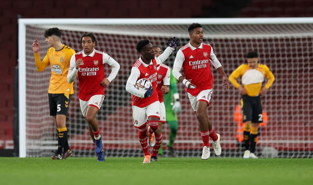 LONDON, ENGLAND - FEBRUARY 23: Amario Cozier-Duberry of Arsenal celebrates scoring a penalty past Tom Finch of Camb Utd to make it 2-2 during the FA Youth Cup Fifth round match between Arsenal and Cambridge United at Emirates Stadium on February 23, 2023 in London, England. (Photo by Julian Finney/Getty Images)
