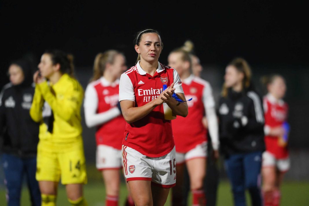 BOREHAMWOOD, ENGLAND - FEBRUARY 08: Katie McCabe of Arsenal applauds the fans after the FA Women's Continental Tyres League Cup Semi Final match between Arsenal and Manchester City at Meadow Park on February 08, 2023 in Borehamwood, England. (Photo by Shaun Botterill/Getty Images)