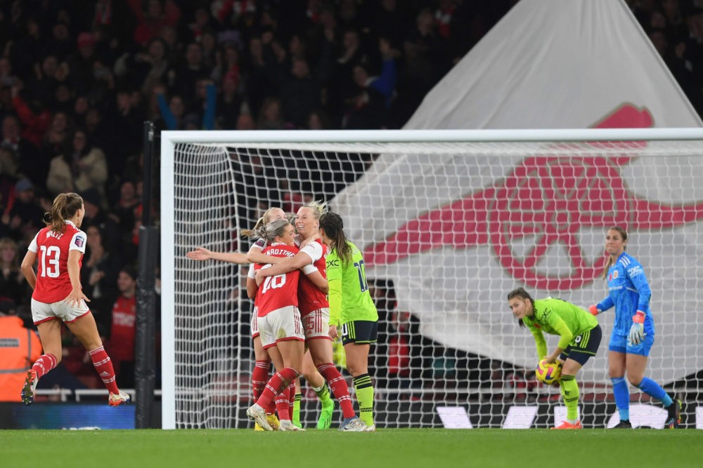 LONDON, ENGLAND: Laura Wienroither of Arsenal celebrates with teammates after scoring her team's second goal during the FA Women's Super League match between Arsenal and Manchester United at Emirates Stadium on November 19, 2022. (Photo by Harriet Lander/Getty Images)