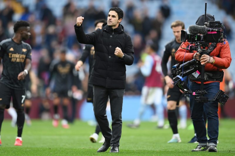 BIRMINGHAM, ENGLAND - FEBRUARY 18: Mikel Arteta, Manager of Arsenal, celebrates with the fans after the team's victory during the Premier League match between Aston Villa and Arsenal FC at Villa Park on February 18, 2023 in Birmingham, England. (Photo by Shaun Botterill/Getty Images)