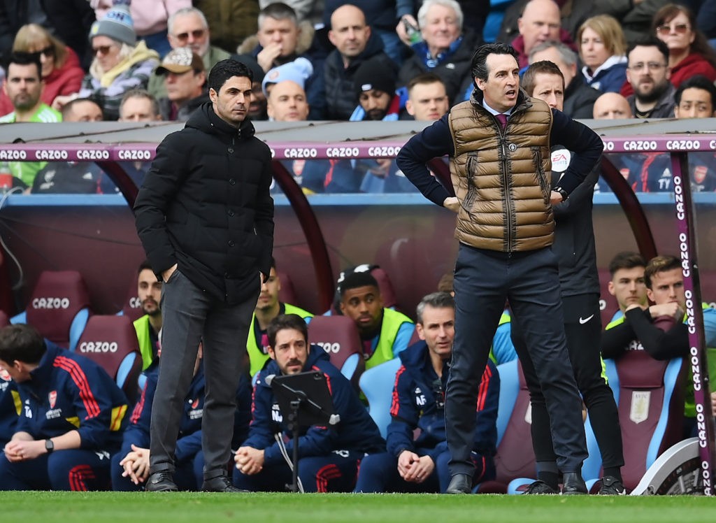 BIRMINGHAM, ENGLAND - FEBRUARY 18: Mikel Arteta, Manager of Arsenal, and Unai Emery, Manager of Aston Villa, look on during the Premier League match between Aston Villa and Arsenal FC at Villa Park on February 18, 2023 in Birmingham, England. (Photo by Shaun Botterill/Getty Images)