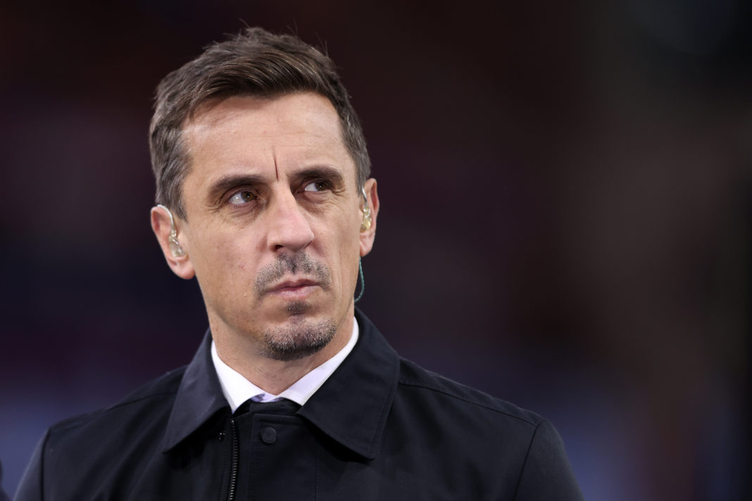 BIRMINGHAM, ENGLAND - SEPTEMBER 16: TV Pundit Gary Neville presents Friday night football during the Premier League match between Aston Villa and Southampton FC at Villa Park on September 16, 2022 in Birmingham, England. (Photo by Naomi Baker/Getty Images)