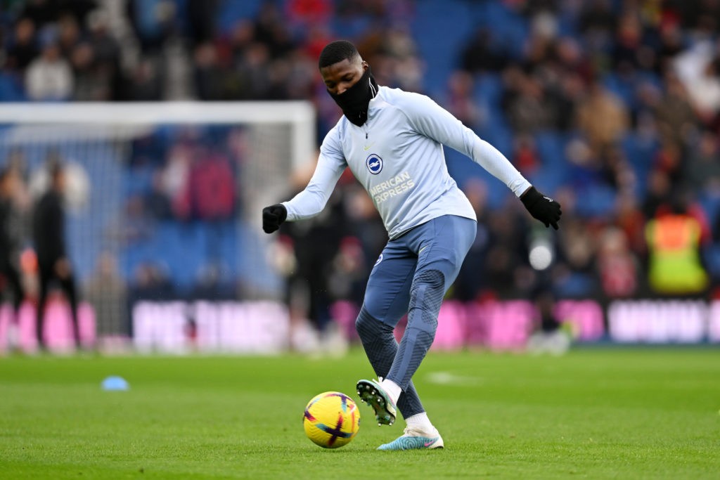 BRIGHTON, ENGLAND - FEBRUARY 04: Moises Caicedo of Brighton & Hove Albion warms up prior to the Premier League match between Brighton & Hove Albion and AFC Bournemouth at American Express Community Stadium on February 04, 2023 in Brighton, England. (Photo by Mike Hewitt/Getty Images)