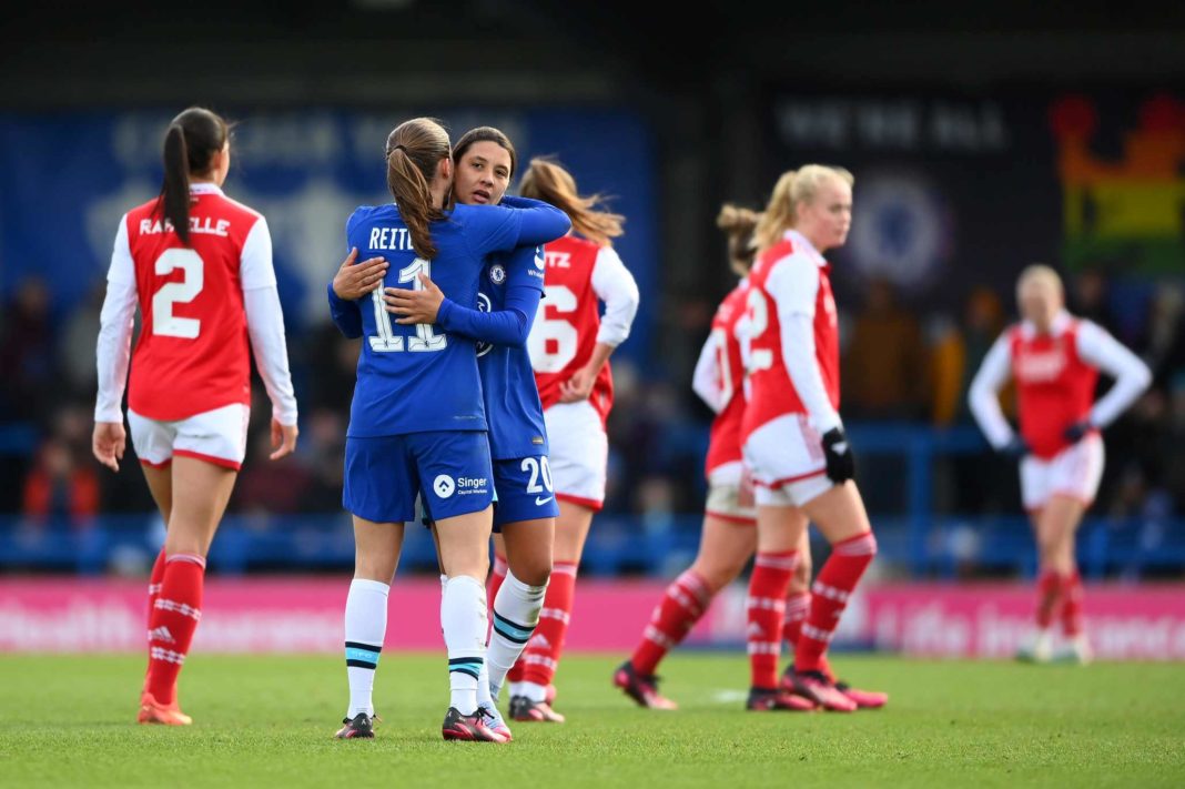 KINGSTON UPON THAMES, ENGLAND - FEBRUARY 26: Sam Kerr and Guro Reiten of Chelsea react after the Vitality Women's FA Cup Fifth Round match between Chelsea and Arsenal at Kingsmeadow on February 26, 2023 in Kingston upon Thames, England. (Photo by Alex Davidson/Getty Images)