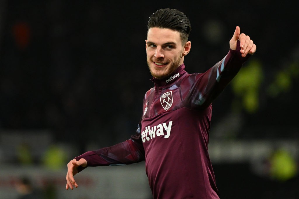 DERBY, ENGLAND - JANUARY 30: Declan Rice of West Ham United gestures to the crowd during warm-up ahead of the Emirates FA Cup Fourth Round match between Derby County and West Ham United at Pride Park on January 30, 2023 in Derby, England. (Photo by Clive Mason/Getty Images)