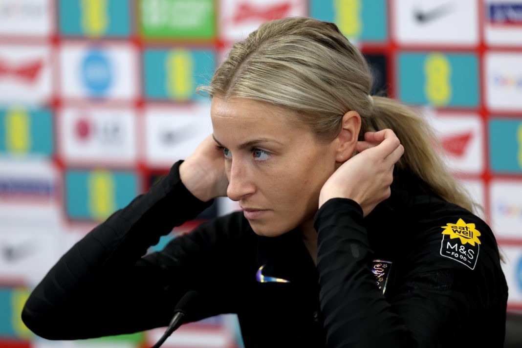 BURTON UPON TRENT, ENGLAND - FEBRUARY 15: Leah Williamson of England talks to the media during a press conference at St George's Park on February 15, 2023 in Burton upon Trent, England. (Photo by Clive Brunskill/Getty Images)