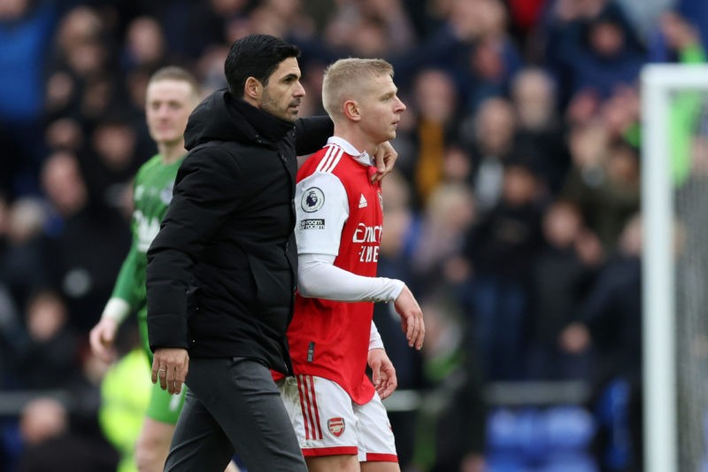 LIVERPOOL, ENGLAND - FEBRUARY 04: Mikel Arteta, Manager of Arsenal, interacts with Oleksandr Zinchenko of Arsenal following defeat after the Premier League match between Everton FC and Arsenal FC at Goodison Park on February 04, 2023 in Liverpool, England. (Photo by Clive Brunskill/Getty Images)