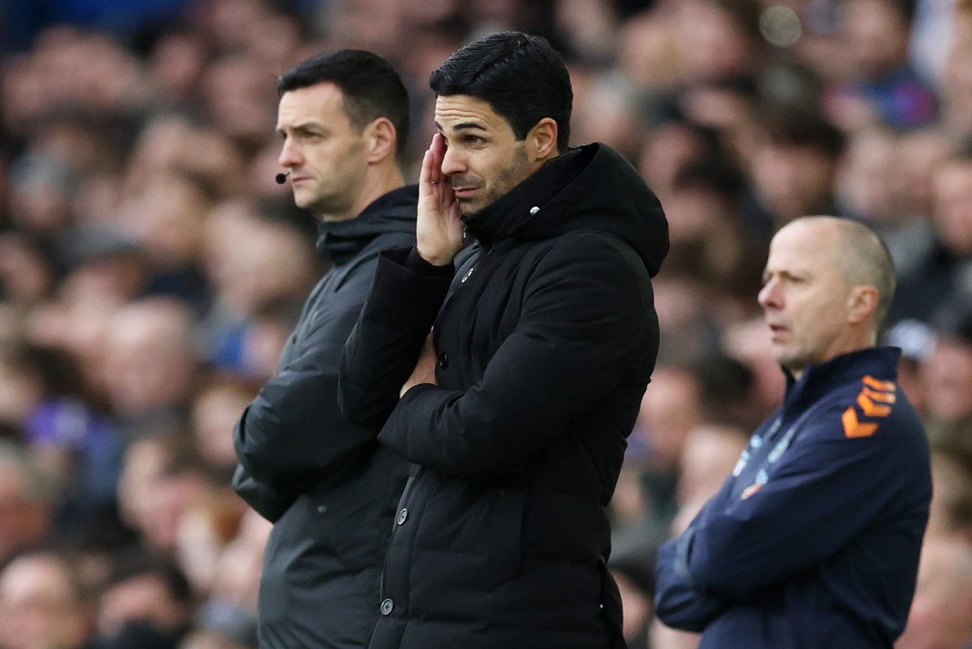 LIVERPOOL, ENGLAND - FEBRUARY 04: Mikel Arteta, Manager of Arsenal, reacts during the Premier League match between Everton FC and Arsenal FC at Goodison Park on February 04, 2023 in Liverpool, England. (Photo by Clive Brunskill/Getty Images)