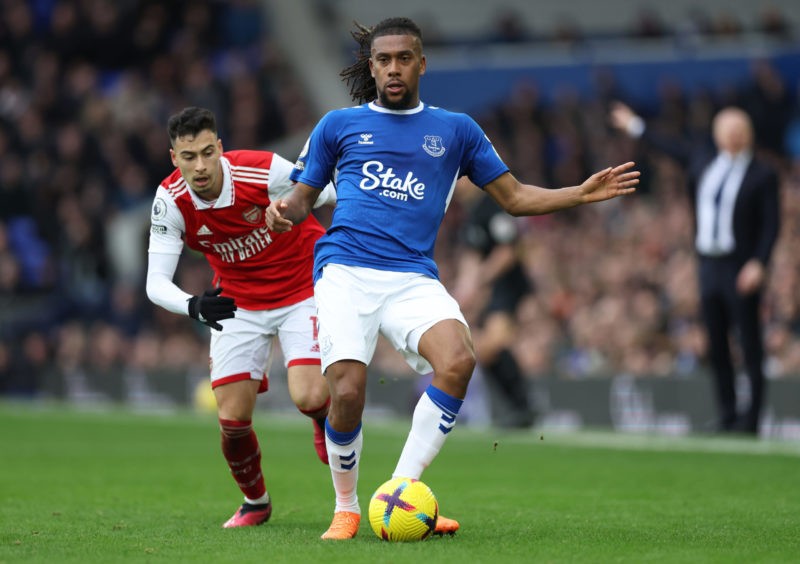 LIVERPOOL, ENGLAND - FEBRUARY 04: Alexander Iwobi of Everton in action during the Premier League match between Everton FC and Arsenal FC at Goodison Park on February 04, 2023 in Liverpool, England. (Photo by Clive Brunskill/Getty Images)