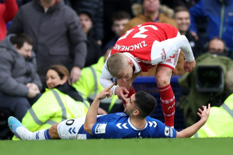 LIVERPOOL, ENGLAND - FEBRUARY 04: Oleksandr Zinchenko of Arsenal reacts towards Neal Maupay of Everton during the Premier League match between Everton FC and Arsenal FC at Goodison Park on February 04, 2023 in Liverpool, England. (Photo by Clive Brunskill/Getty Images)