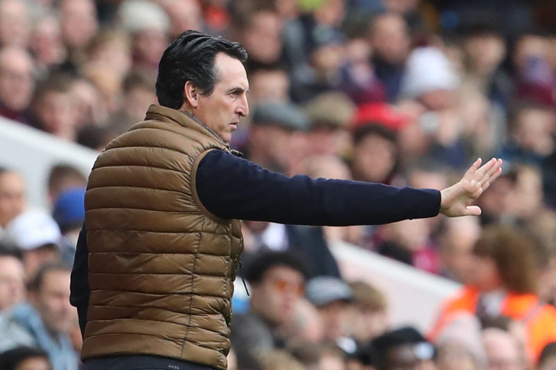 Aston Villa's Spanish head coach Unai Emery gestures on the touchline during the English Premier League football match between Aston Villa and Arsenal at Villa Park in Birmingham, central England on February 18, 2023. (Photo by GEOFF CADDICK/AFP via Getty Images)