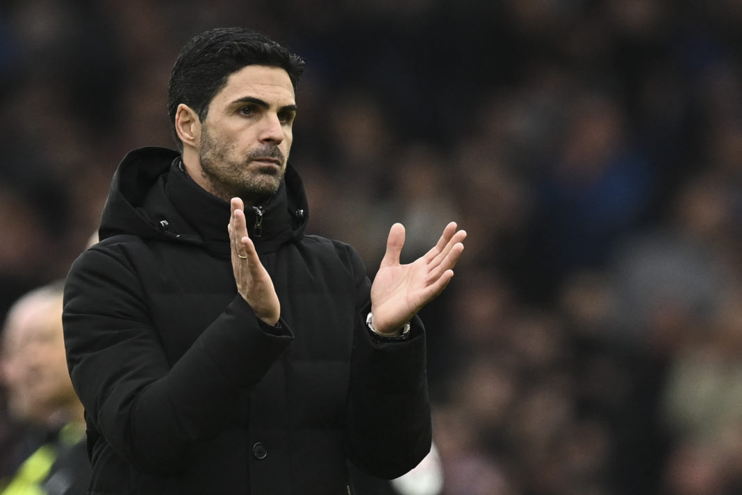 Arsenal's Spanish manager Mikel Arteta reacts at the end of the English Premier League football match between Everton and Arsenal at Goodison Park in Liverpool, north-west England, on February 4, 2023. (Photo by PAUL ELLIS/AFP via Getty Images)