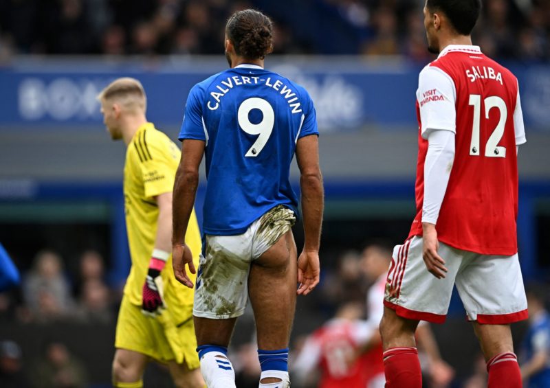 Everton's English striker Dominic Calvert-Lewin walks with his shorts up after sliding during the English Premier League football match between Everton and Arsenal at Goodison Park in Liverpool, north-west England, on February 4, 2023. (Photo by PAUL ELLIS/AFP via Getty Images)