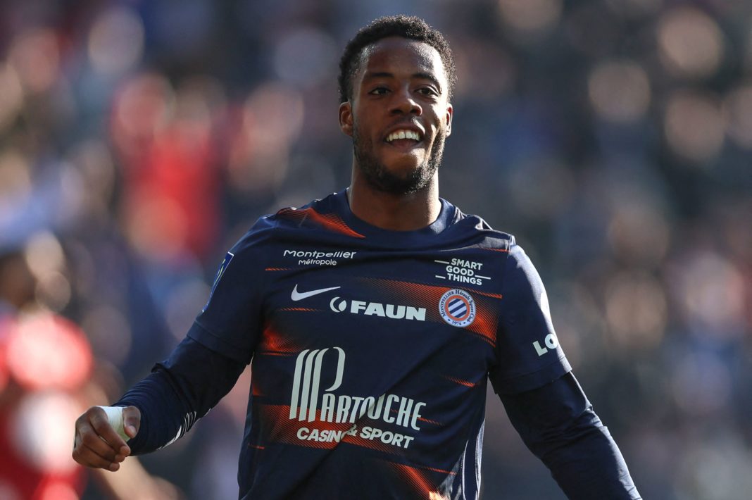 Montpellier's French forward Elye Wahi celebrates after scoring during the French L1 football match between Montpellier Herault SC and Stade Brestois 29 (Brest) at The Stade de la Mosson in Montpellier, southern France on February 12, 2023. (Photo by Pascal GUYOT / AFP) (Photo by PASCAL GUYOT/AFP via Getty Images)