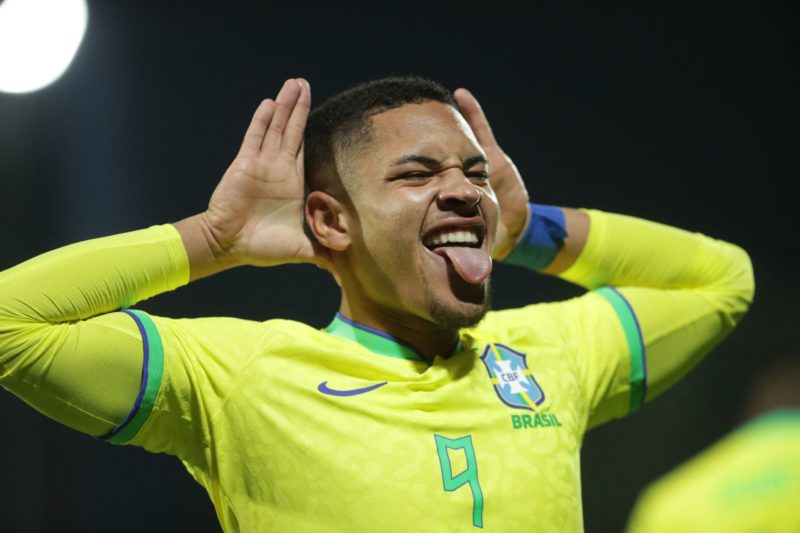 Brazil's Vitor Roque celebrates after scoring against Venezuela during the South American U-20 championship football match at the Metropolitano de Techo stadium in Bogota, Colombia on February 3, 2023. (Photo by JUAN PABLO PINO / AFP) (Photo by JUAN PABLO PINO/AFP via Getty Images)