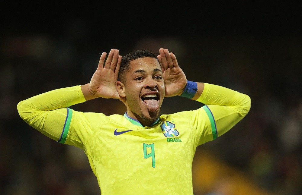 Brazil's Vitor Roque celebrates after scoring against Venezuela during the South American U-20 championship football match at the Metropolitano de Techo stadium in Bogota, Colombia on February 3, 2023. (Photo by JUAN PABLO PINO/AFP via Getty Images)