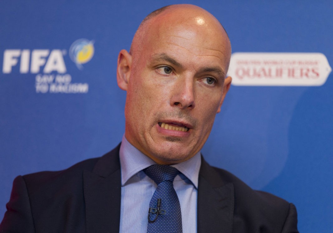 Former FIFA referee Howard Webb speaks during the launch of FIFA's Anti-Discrimination Monitoring System at Wembley Stadium in west London on May 12, 2015, which will be implemented in the 2018 World Cup. FIFA will send observers trained by the European anti-discrimination organisation FARE to qualifying matches where there is felt to be a high risk of racist behaviour from fans. (Photo by JUSTIN TALLIS/AFP via Getty Images)